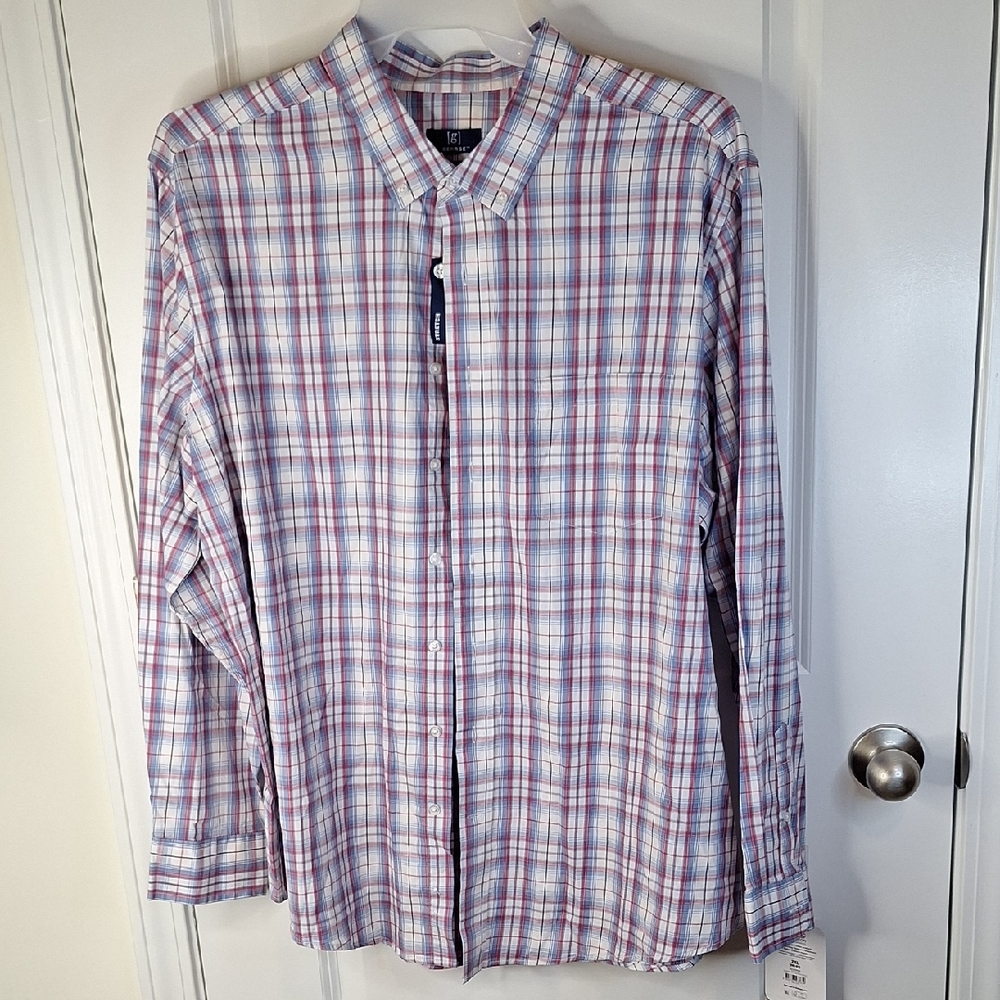 George Men's Plaid Button-Down Shirt - White, Blue, Red